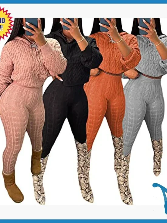 Cable Knit Sweater Set with Hooded Crop Top and High Waist Pants - Picture 5 of 6